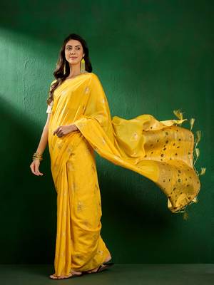 Mustard Color Weaving Work Silk Blend Saree With Blouse 1