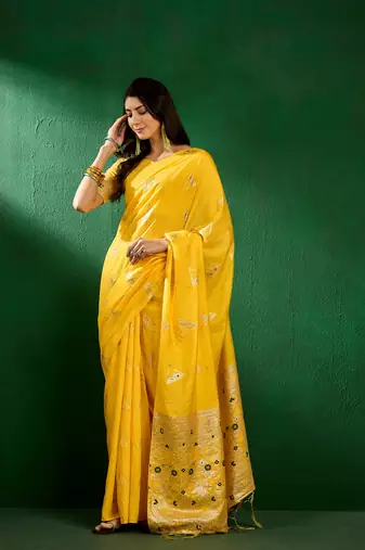 Mustard Color Weaving Work Silk Blend Saree With Blouse