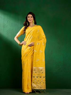 Mustard Color Weaving Work Silk Blend Saree With Blouse 3