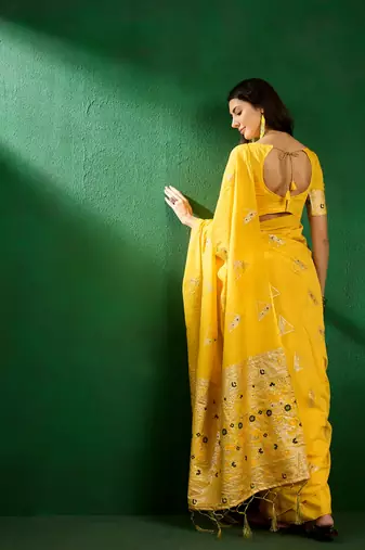 Mustard Color Weaving Work Silk Blend Saree With Blouse