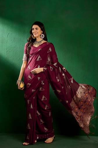 Maroon Color Weaving Work Silk Blend Saree With Blouse
