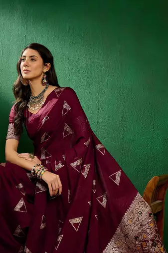 Maroon Color Weaving Work Silk Blend Saree With Blouse
