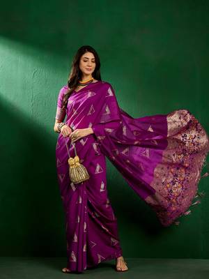 Purple Color Weaving Work Silk Blend Saree With Blouse 1
