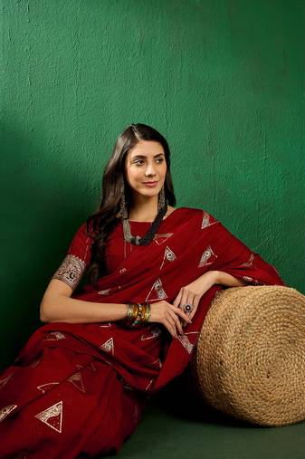 Red Color Weaving Work Silk Blend Saree With Blouse