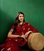 Red Color Weaving Work Silk Blend Saree With Blouse