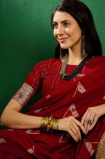 Red Color Weaving Work Silk Blend Saree With Blouse