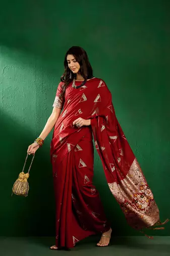 Red Color Weaving Work Silk Blend Saree With Blouse