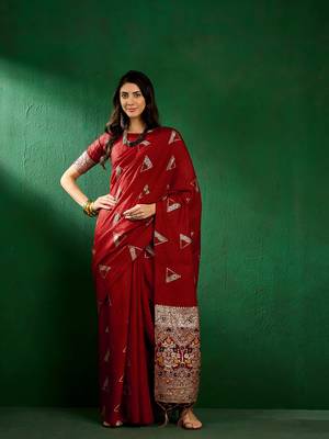 Red Color Weaving Work Silk Blend Saree With Blouse 4