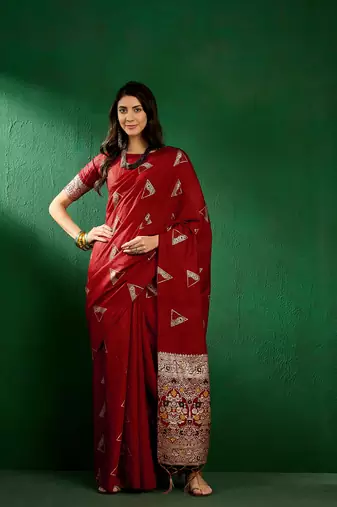 Red Color Weaving Work Silk Blend Saree With Blouse