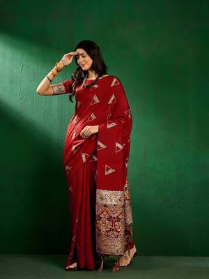 Red Color Weaving Work Silk Blend Saree With Blouse 5