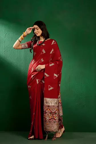 Red Color Weaving Work Silk Blend Saree With Blouse