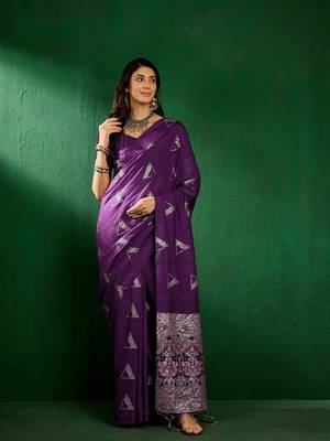 Wine color weaving work silk blend saree with blouse 1