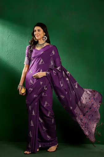 Wine color weaving work silk blend saree with blouse