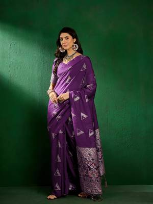Wine color weaving work silk blend saree with blouse 3