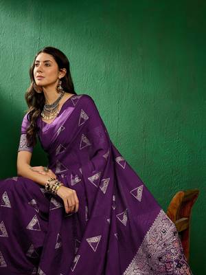 Wine color weaving work silk blend saree with blouse 5