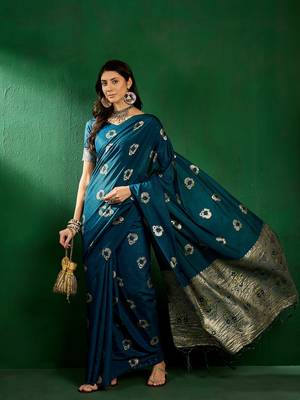 Teal Color Weaving Work Silk Blend Saree With Blouse 1