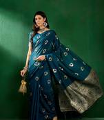 Teal Color Weaving Work Silk Blend Saree With Blouse