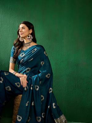 Teal Color Weaving Work Silk Blend Saree With Blouse 2