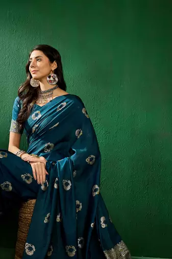 Teal Color Weaving Work Silk Blend Saree With Blouse