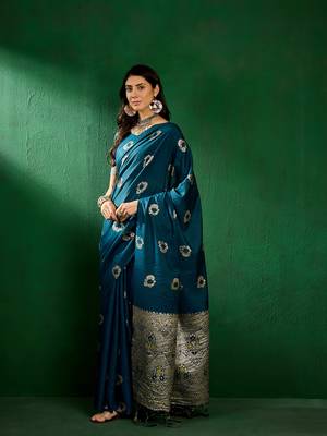 Teal Color Weaving Work Silk Blend Saree With Blouse 3