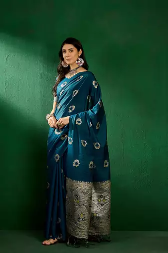 Teal Color Weaving Work Silk Blend Saree With Blouse