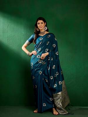 Teal Color Weaving Work Silk Blend Saree With Blouse 4