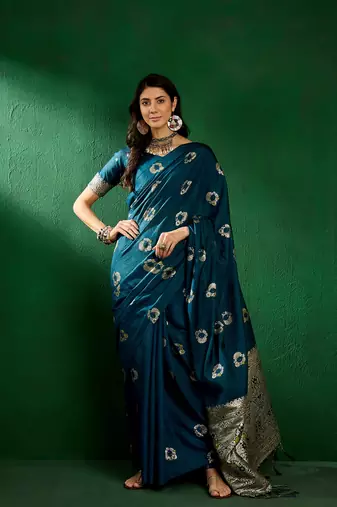 Teal Color Weaving Work Silk Blend Saree With Blouse