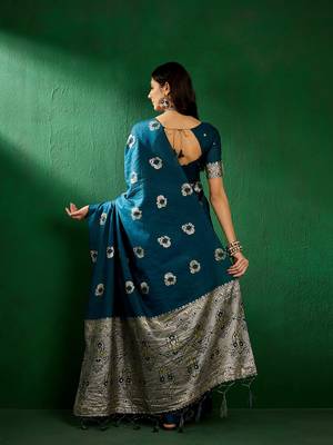 Teal Color Weaving Work Silk Blend Saree With Blouse 5
