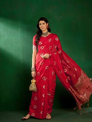 Red Color Weaving Work Silk Blend Saree With Blouse 1
