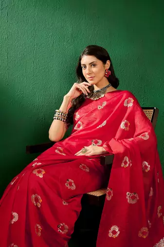 Red Color Weaving Work Silk Blend Saree With Blouse