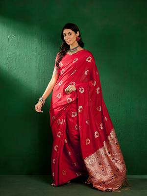 Red Color Weaving Work Silk Blend Saree With Blouse 3