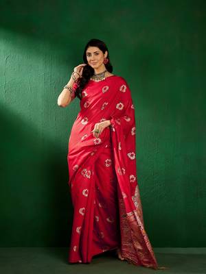 Red Color Weaving Work Silk Blend Saree With Blouse 4