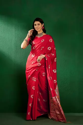 Red Color Weaving Work Silk Blend Saree With Blouse