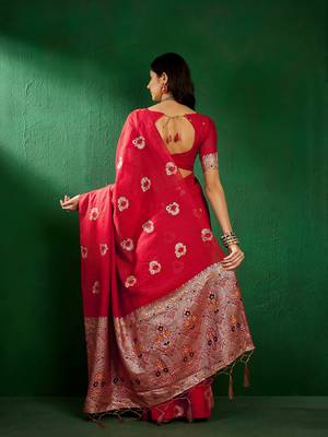 Red Color Weaving Work Silk Blend Saree With Blouse 5