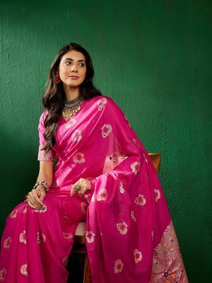 Baby Pink Color Weaving Work Silk Blend Saree With Blouse 1