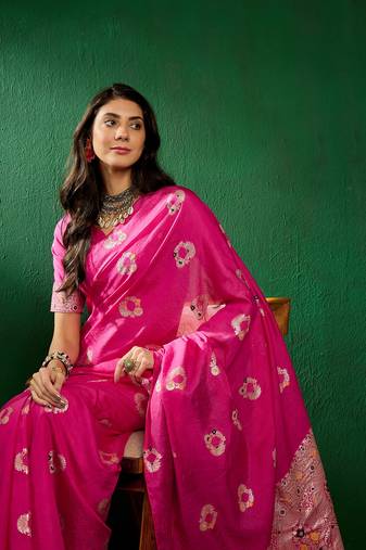 Baby Pink Color Weaving Work Silk Blend Saree With Blouse