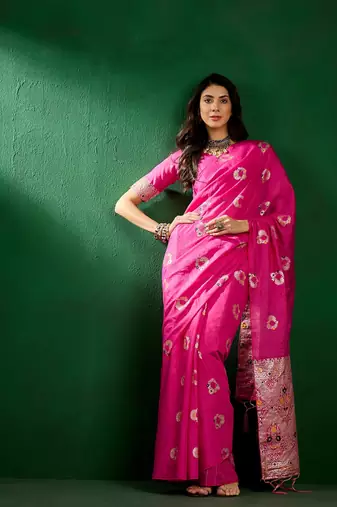 Baby Pink Color Weaving Work Silk Blend Saree With Blouse