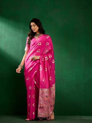 Baby Pink Color Weaving Work Silk Blend Saree With Blouse 3