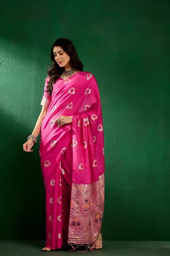 Baby Pink Color Weaving Work Silk Blend Saree With Blouse