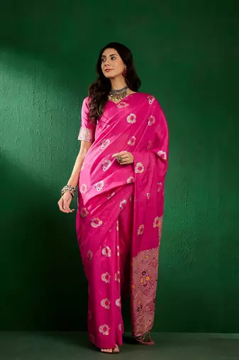 Baby Pink Color Weaving Work Silk Blend Saree With Blouse