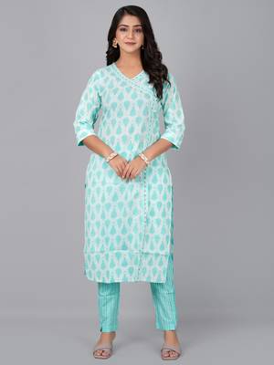 Sky printed stand collar kurta with pants 1