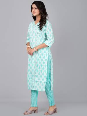 Sky printed stand collar kurta with pants 2