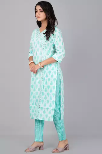 Sky printed stand collar kurta with pants