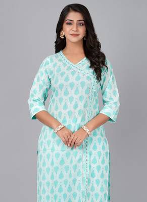 Sky printed stand collar kurta with pants 5