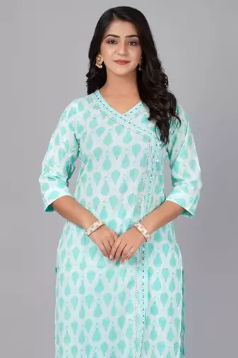Sky printed stand collar kurta with pants