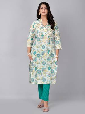Cream printed stand collar kurta with pant 1