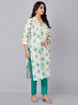 Cream printed stand collar kurta with pant 2