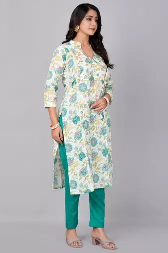 Cream printed stand collar kurta with pant