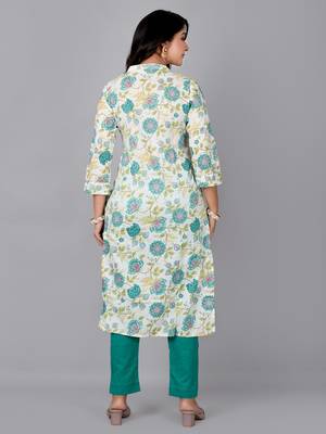 Cream printed stand collar kurta with pant 3