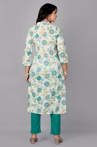 Cream printed stand collar kurta with pant